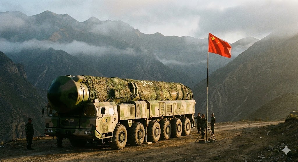 中国ロケット軍の車載移動式ミサイル発射台（TEL）が山岳地帯に展開している様子