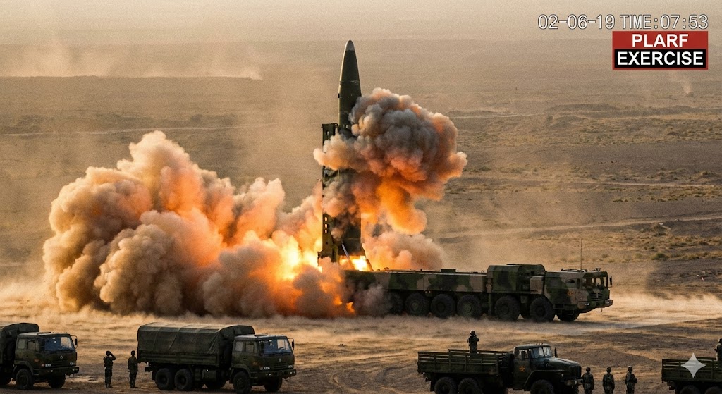 発射される中国の東風シリーズ弾道ミサイル、訓練時の様子