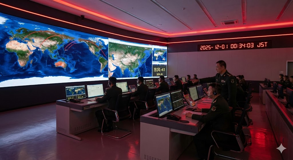 中国ロケット軍の指揮統制センター内部、ミサイル軌道を監視する将校たち