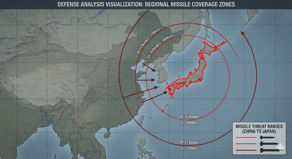 中国ロケット軍のミサイル射程範囲を示す戦略地図、日本列島が射程内に