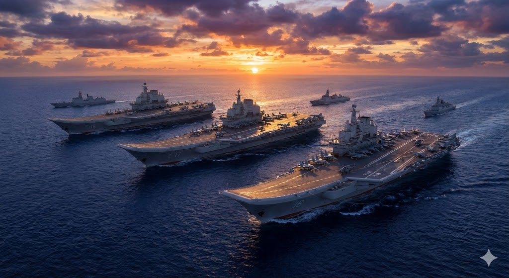 中国の空母3隻(遼寧、山東、福建)が西太平洋で編隊航行する様子