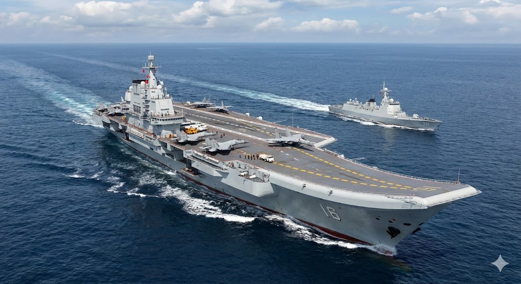 スキージャンプ式の中国空母「遼寧」とJ-15艦載戦闘機