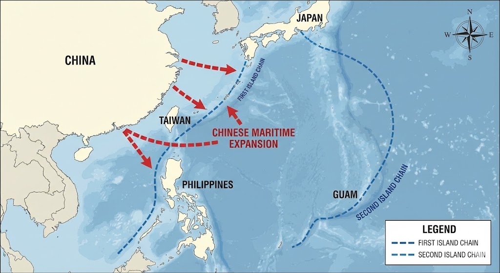 第一列島線と第二列島線を示す西太平洋の戦略地図