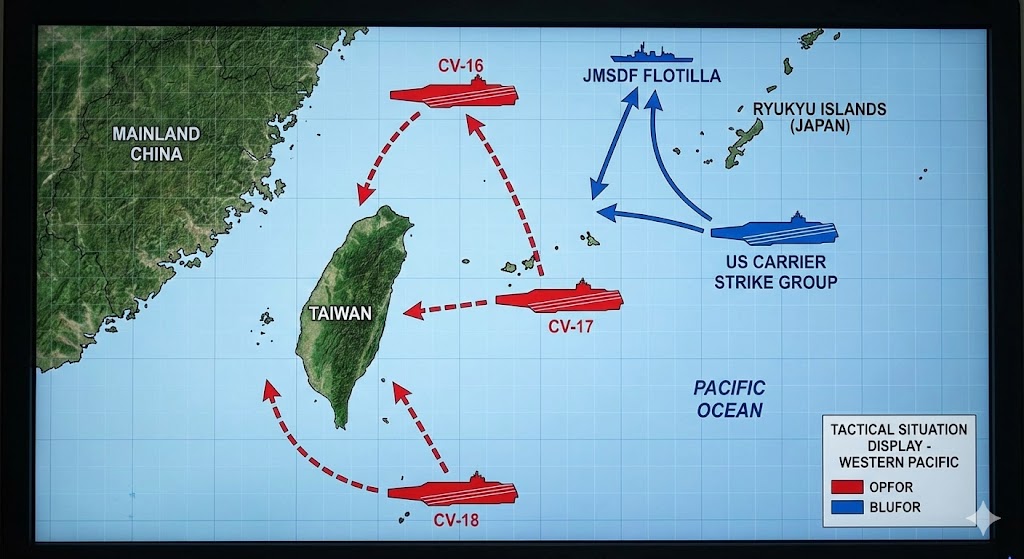 台湾周辺における中国空母の展開位置を示す戦術図