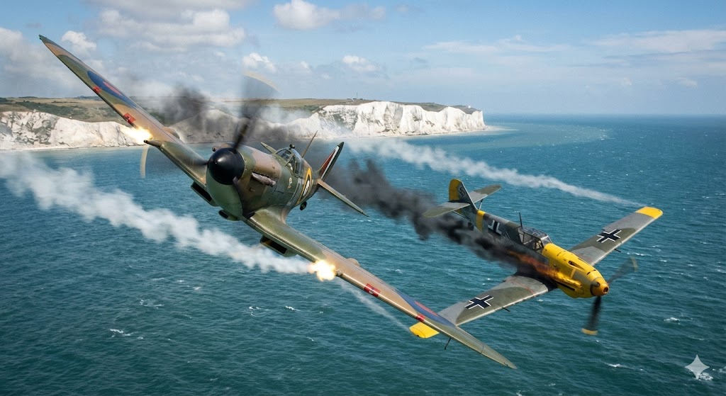 バトル・オブ・ブリテンでのスピットファイアとBf109の激しい空戦シーン