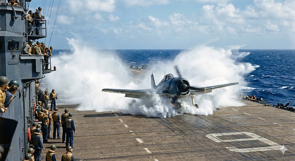 空母から発艦する米海軍F6Fヘルキャット戦闘機