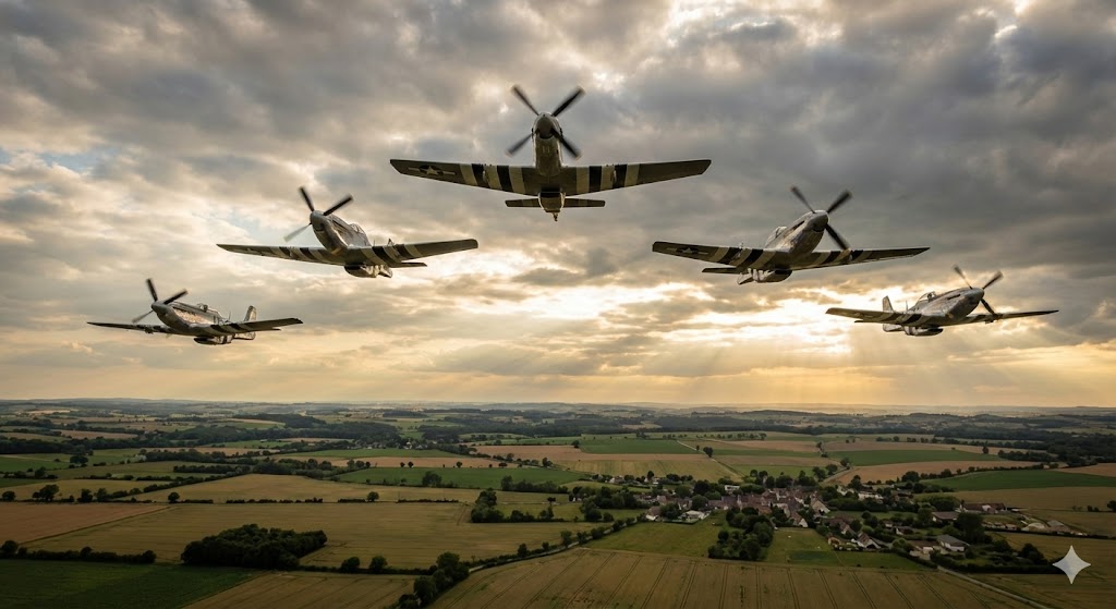 第二次世界大戦中、ヨーロッパ上空を編隊飛行するP-51マスタング戦闘機