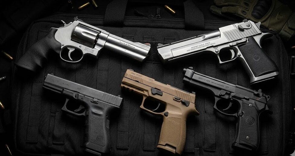 世界の名銃が一堂に会したイメージ。S&W M500、デザートイーグル、グロック17、SIG P320、ベレッタ92が並ぶ