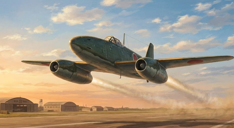 1945年8月7日、木更津飛行場から離陸する日本初のジェット機・橘花。両翼下のネ20エンジンから排気を吹き出しながら空に舞い上がる歴史的瞬間