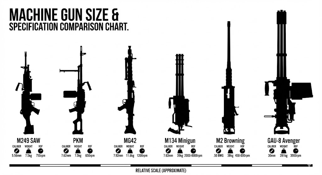 世界の機関銃サイズ・スペック比較図｜口径・重量・発射速度の一覧