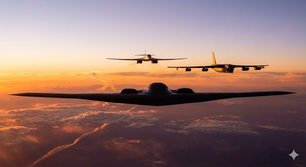 夕暮れの空を飛行する世界の戦略爆撃機編隊