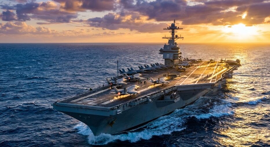 米海軍ジェラルド・R・フォード級原子力空母の壮大な航空写真