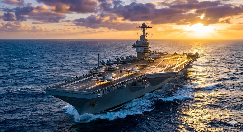 米海軍ジェラルド・R・フォード級原子力空母の壮大な航空写真