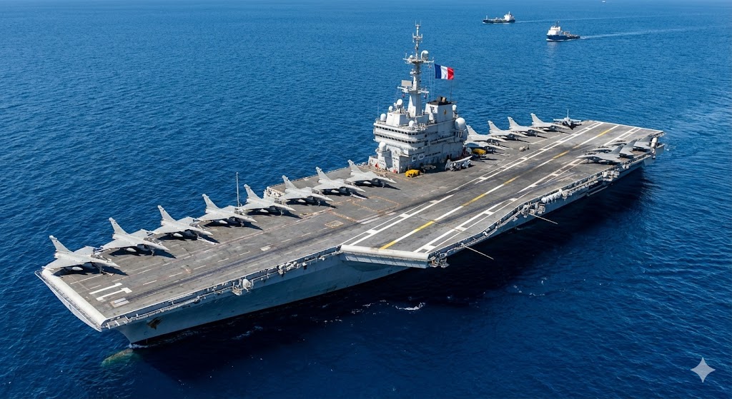 ラファールM戦闘機を並べたフランス原子力空母シャルル・ド・ゴール