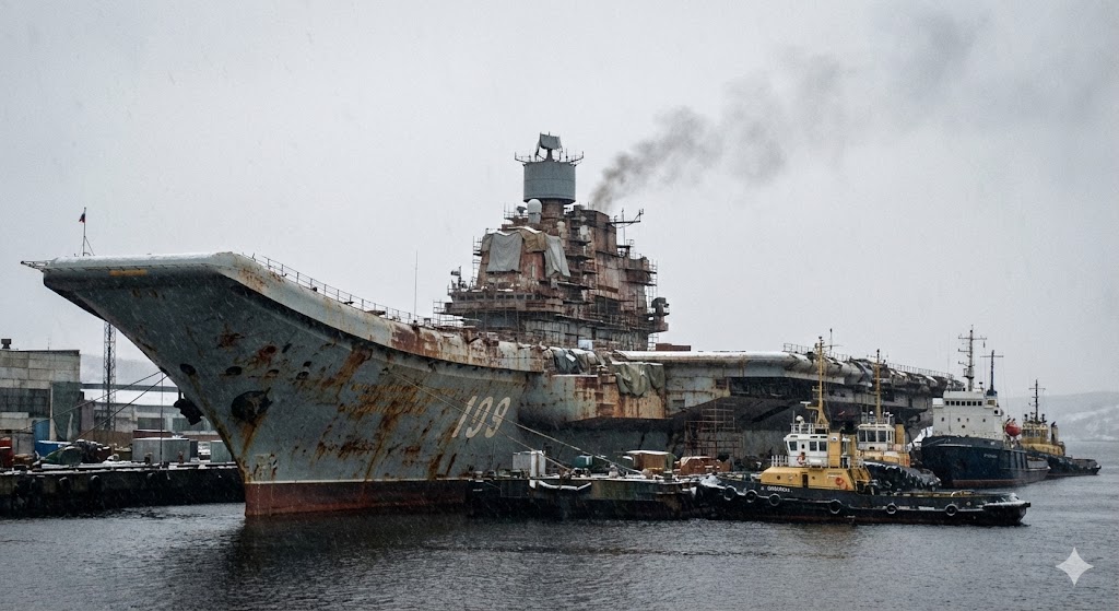 ムルマンスク港で修理中のロシア空母アドミラル・クズネツォフ