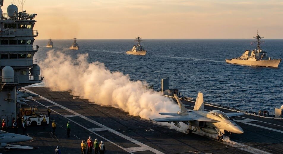 蒸気カタパルトからF/A-18スーパーホーネットを射出するニミッツ級空母