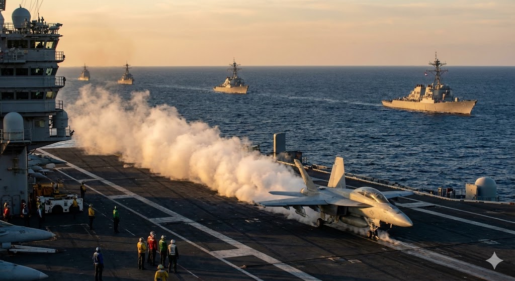 蒸気カタパルトからF/A-18スーパーホーネットを射出するニミッツ級空母