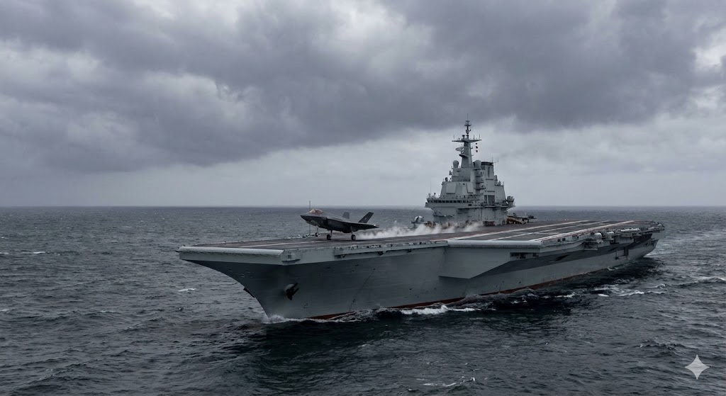 電磁カタパルトでJ-35ステルス戦闘機を発艦させる中国空母「福建」