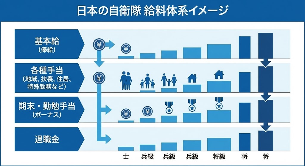 自衛官の階級別年収推移グラフイメージ｜士から将までの給与比較