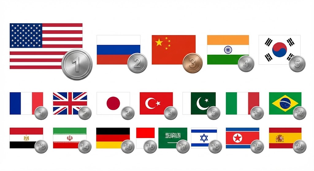 世界軍事力ランキングTOP20の国旗一覧。アメリカ、ロシア、中国、インド、韓国など上位国の国旗を順位とともに表示