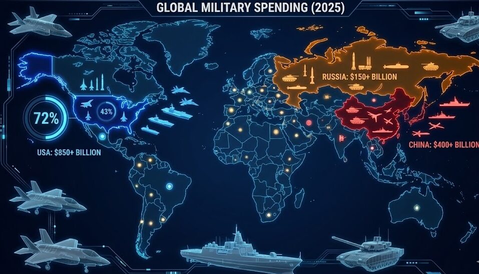 世界の軍事費ランキングを示す世界地図と各国の防衛予算を視覚化したインフォグラフィック