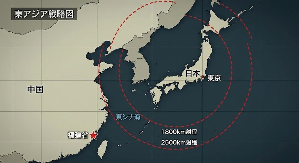 中国福建省からのDF-17極超音速ミサイルの推定射程を示す地図。東京を含む日本列島全域が射程圏内に入ることを示す