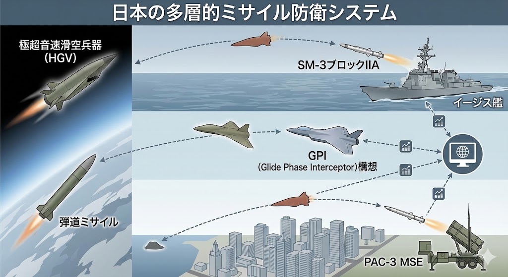 極超音速兵器の2つのタイプ（HGV極超音速滑空体とHCM極超音速巡航ミサイル）の飛行軌道を比較した図解