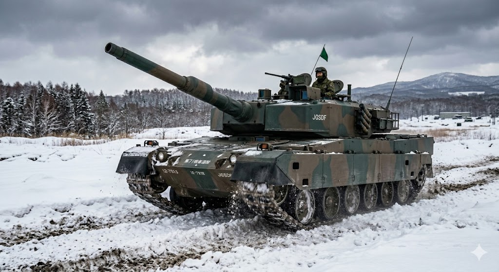 90式戦車が北海道の演習場で走行間射撃を行う姿