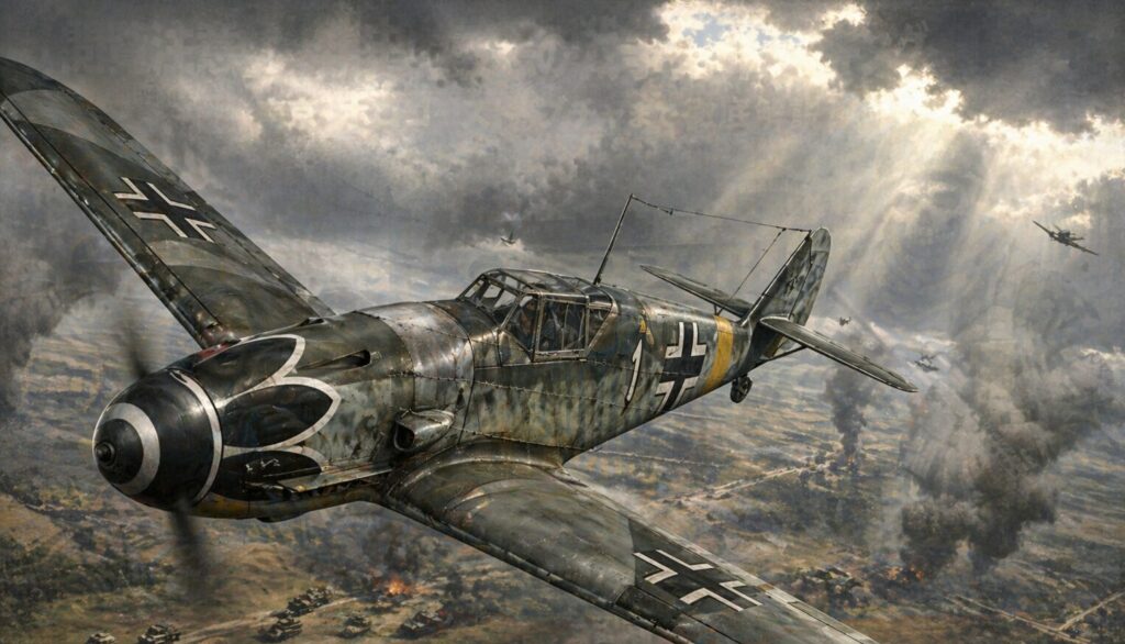 エーリッヒ・ハルトマンの象徴である黒いチューリップマークが描かれたBf109戦闘機