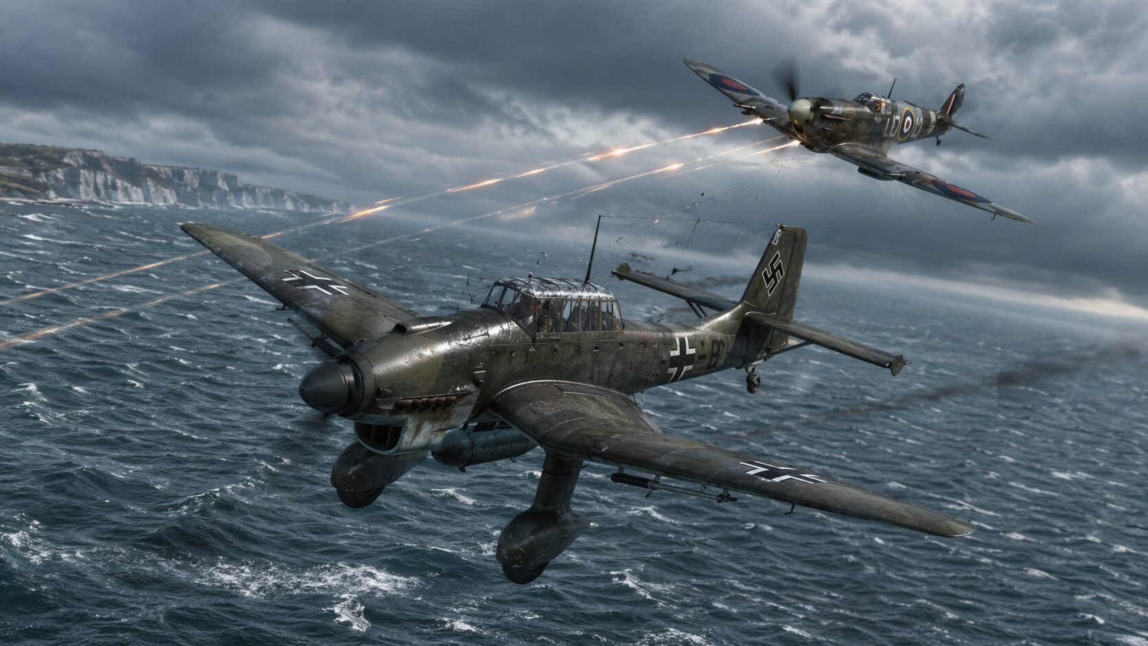 英仏海峡上空でJu87を追うスピットファイアの創作場面