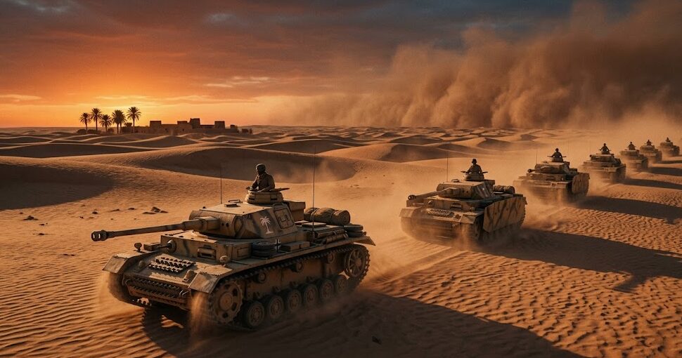 ロンメル率いるアフリカ軍団が北アフリカの砂漠をⅢ号戦車縦隊で進軍する