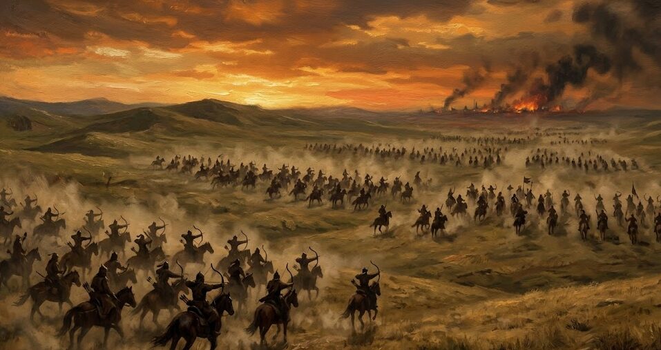 中央アジアの平原を進撃するモンゴル帝国の騎兵軍団