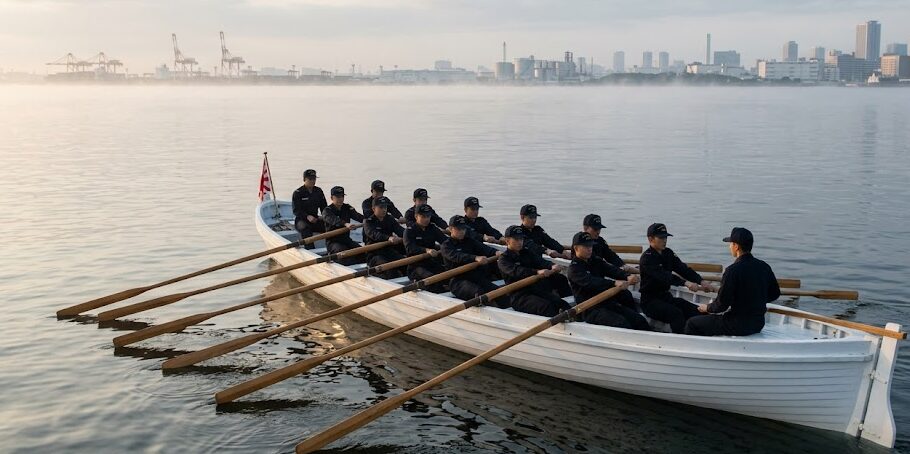 防衛大学校のカッター競技会、10人乗り手漕ぎボートで訓練する学生たち