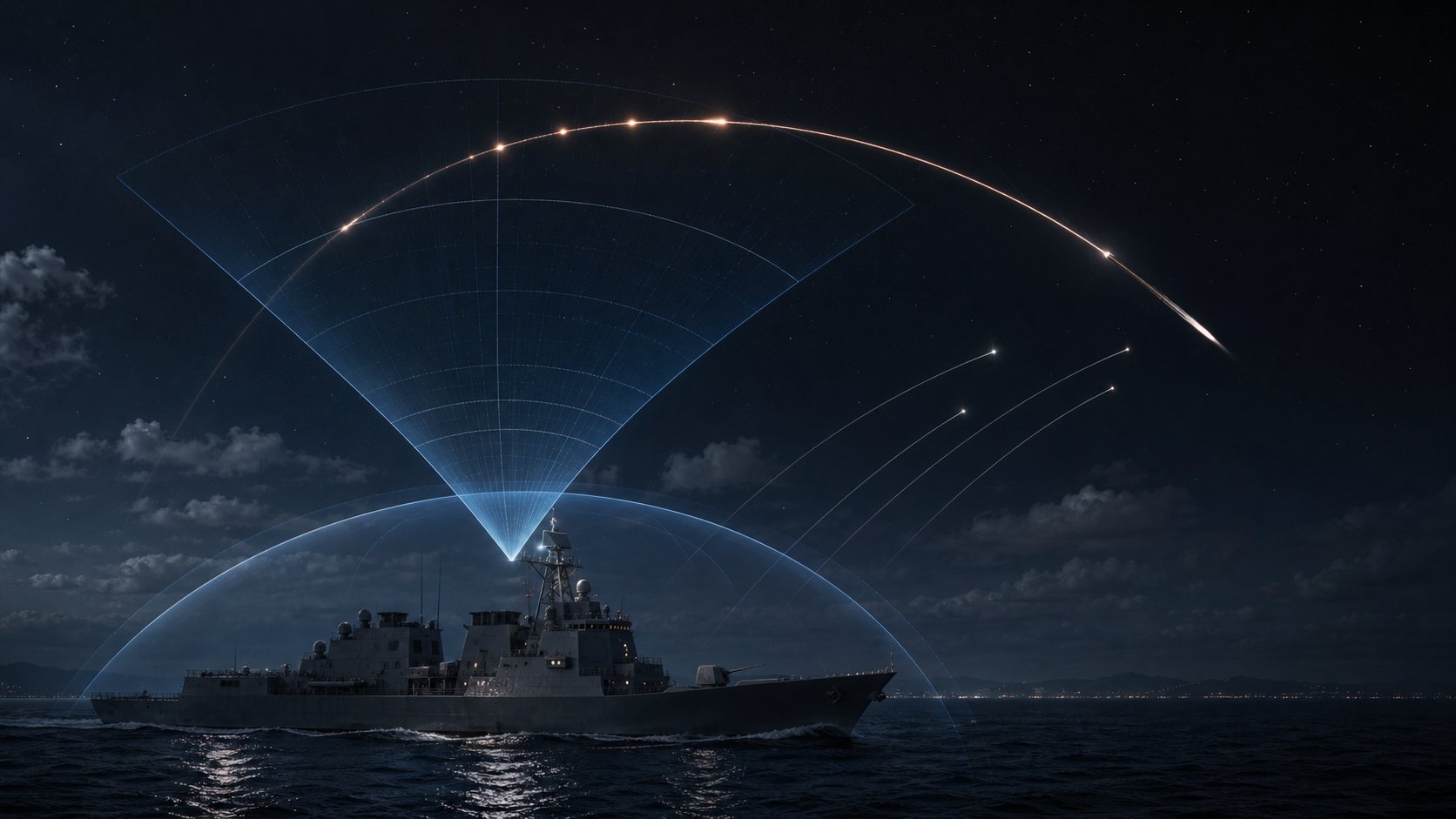 イージス艦の弾道ミサイル防衛をイメージした夜間の概念図