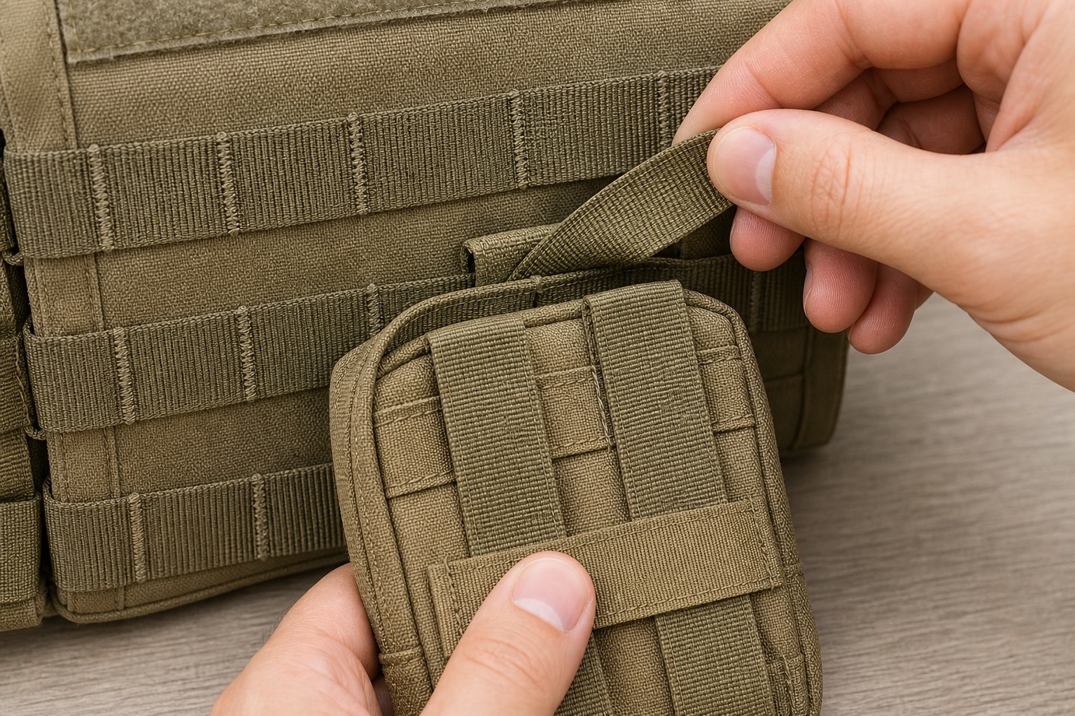 MOLLEシステムにポーチを取り付ける様子
