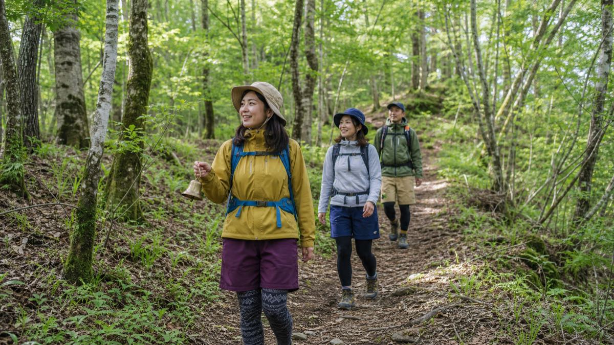 熊鈴を使いながら複数人で登山するイメージ
