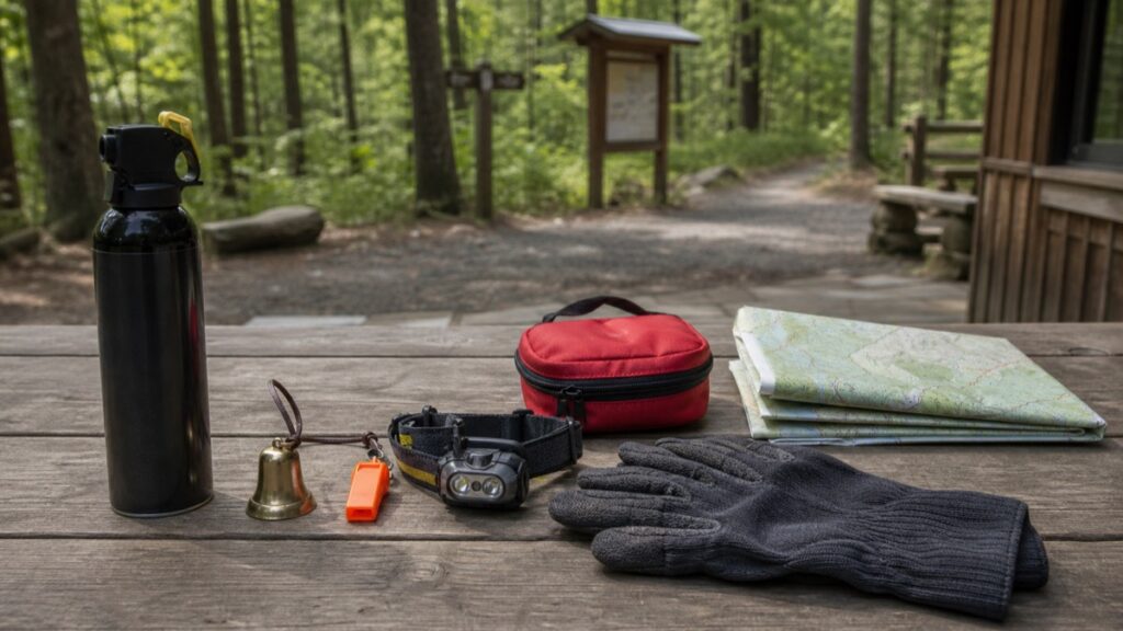 熊対策グッズを並べた登山装備のイメージ
