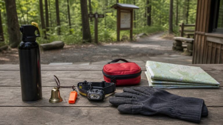 熊対策グッズを並べた登山装備のイメージ