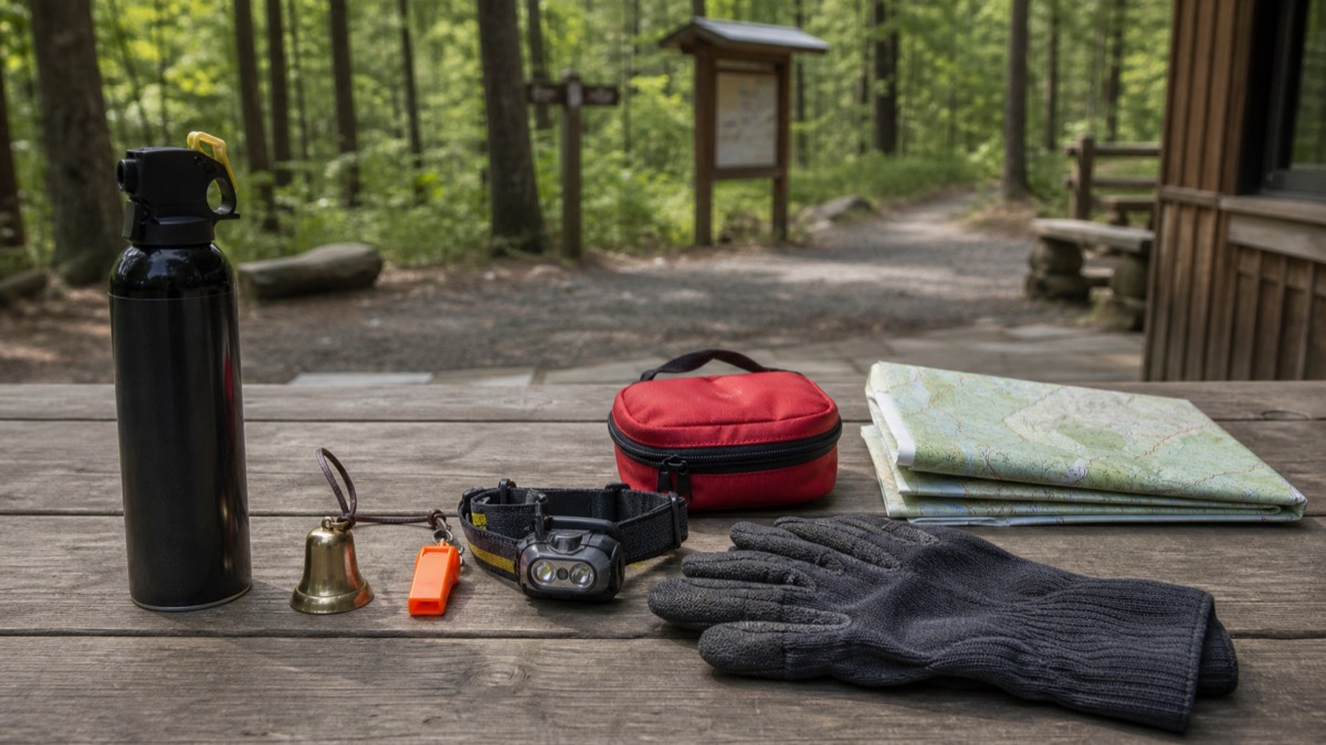 熊対策グッズを並べた登山装備のイメージ