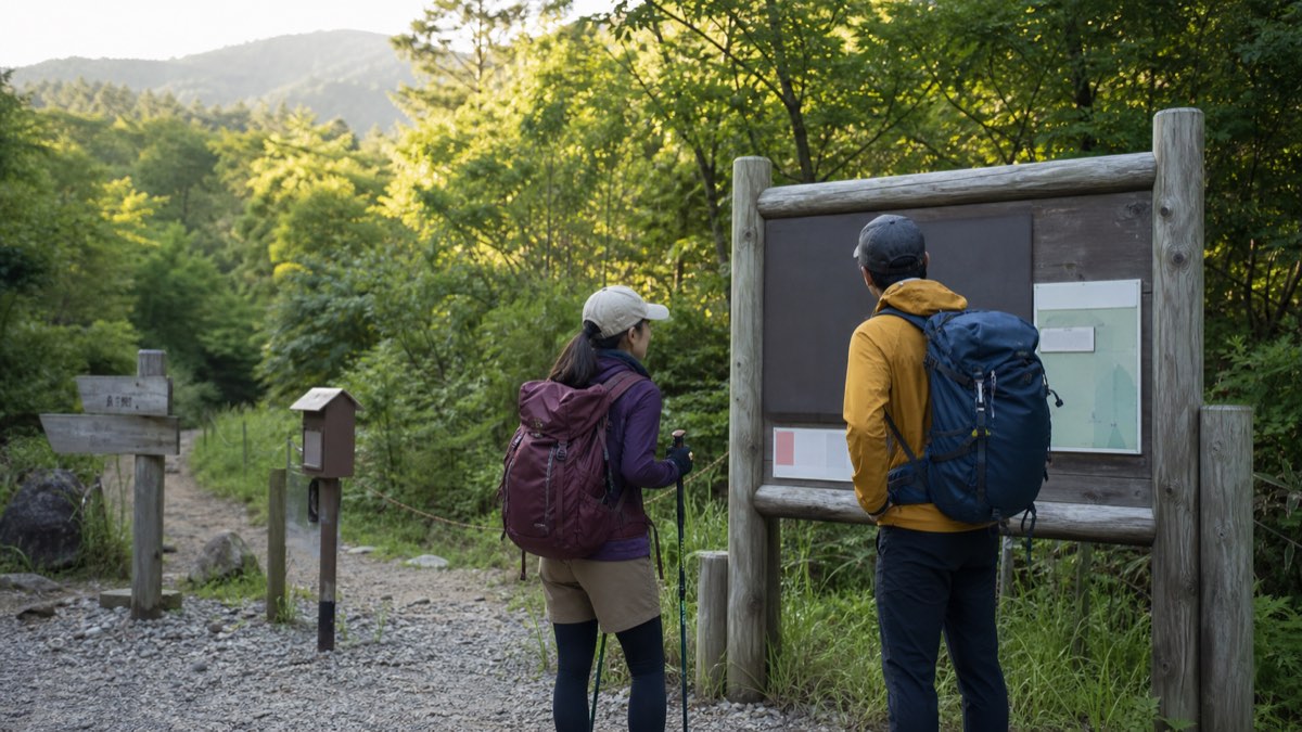 登山道入口で熊出没情報を確認するハイカーのイメージ