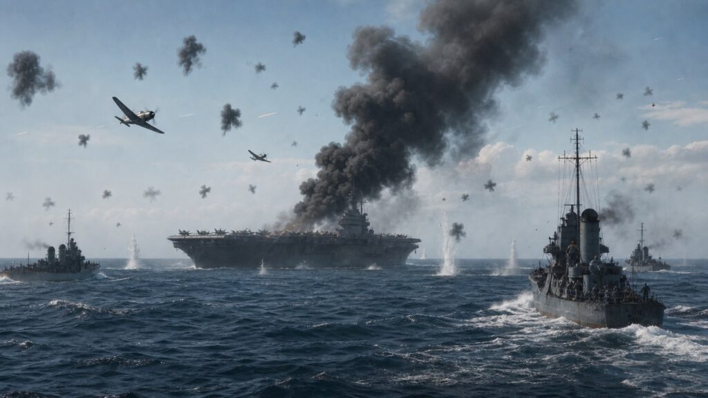 珊瑚海海戦で航空攻撃を受ける空母部隊