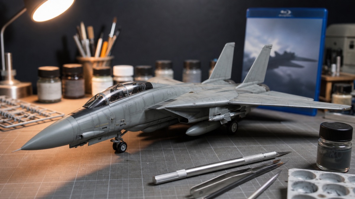 F-14トムキャットの模型と映画鑑賞のイメージ