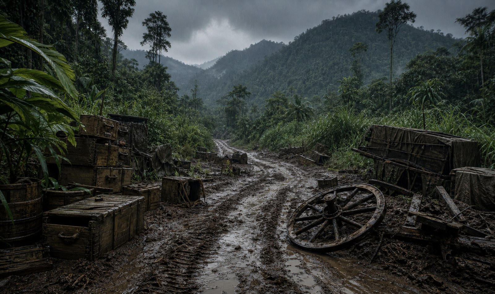 インパール作戦の補給崩壊を想起させる泥道のイメージ