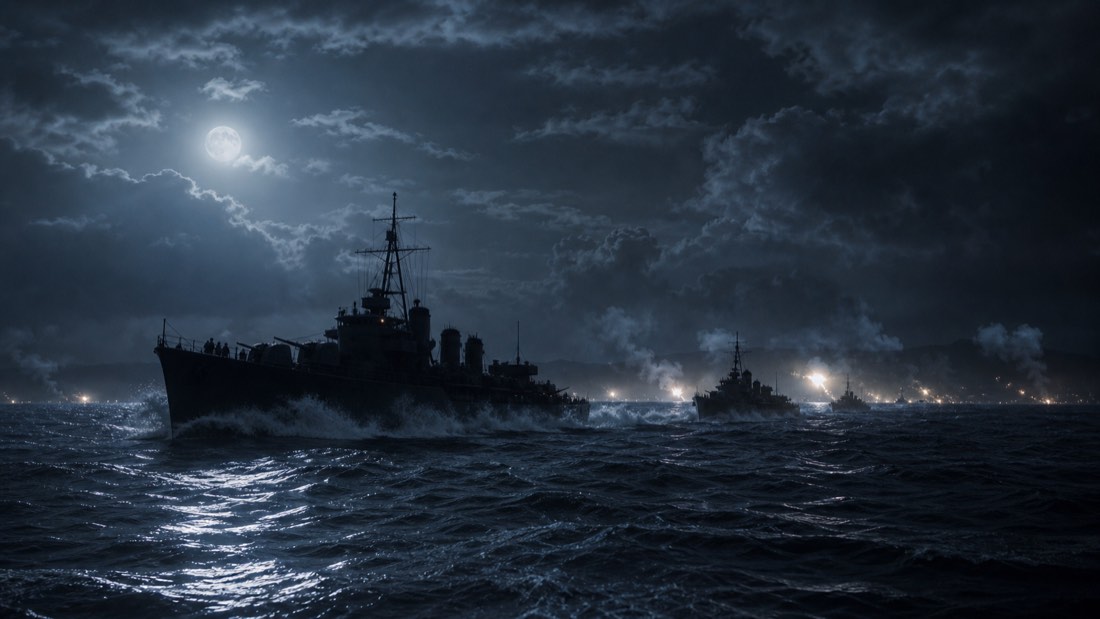 ガダルカナル島周辺で夜間行動する駆逐艦部隊のイメージ