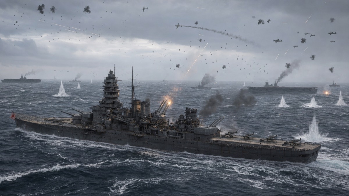 エンガノ岬沖海戦で対空戦闘を行う伊勢型航空戦艦のイメージ