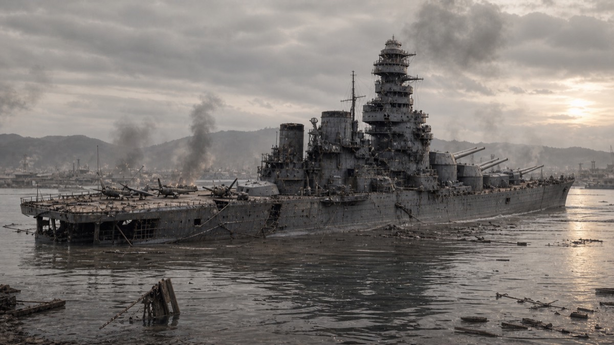 呉空襲後に浅瀬で着底した伊勢型戦艦のイメージ