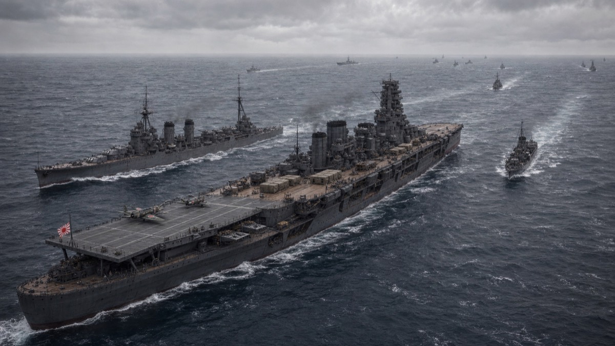 北号作戦で帰投する伊勢・日向と護衛艦艇のイメージ