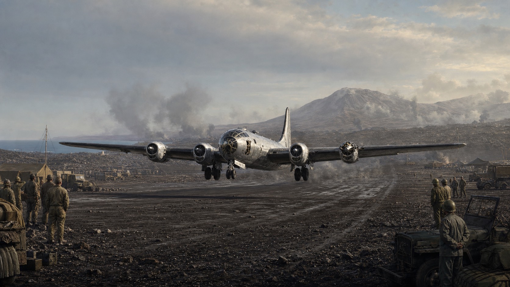 硫黄島飛行場へ緊急着陸するB-29のイメージ