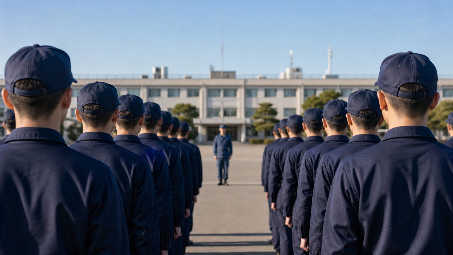 自衛隊の教育隊や訓練課程を想起させる整列風景