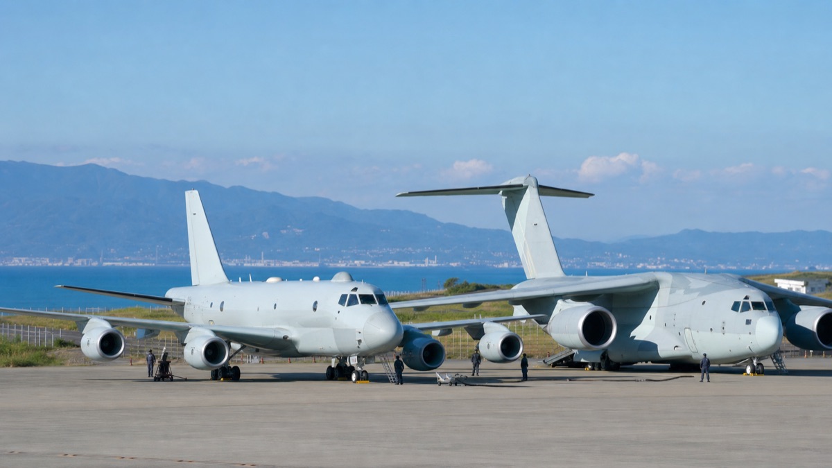 川崎重工のP-1哨戒機とC-2輸送機をイメージした画像